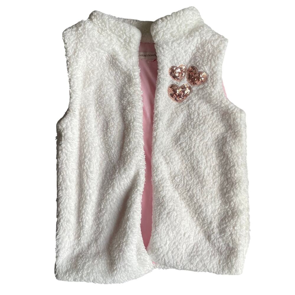 Catherine Malandrino Girls Small 5-6 Faux Fur Fleece Vest Gold Sparkle Hearts